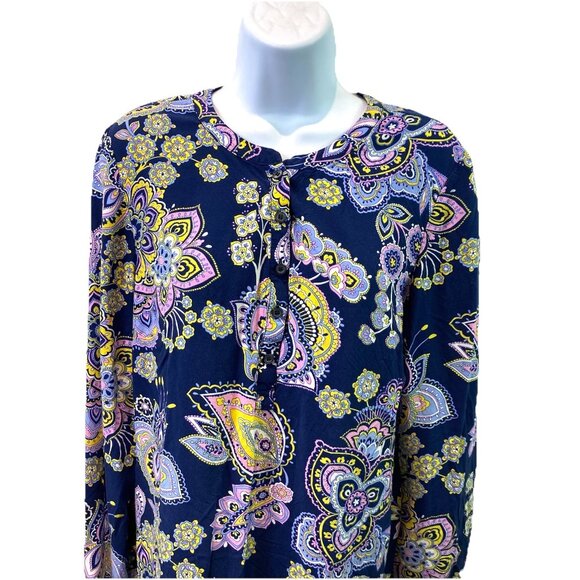 Talbots Womens Tunic Top Navy Blue Pink Paisley Button LS Classic Career Sz L - Picture 2 of 9